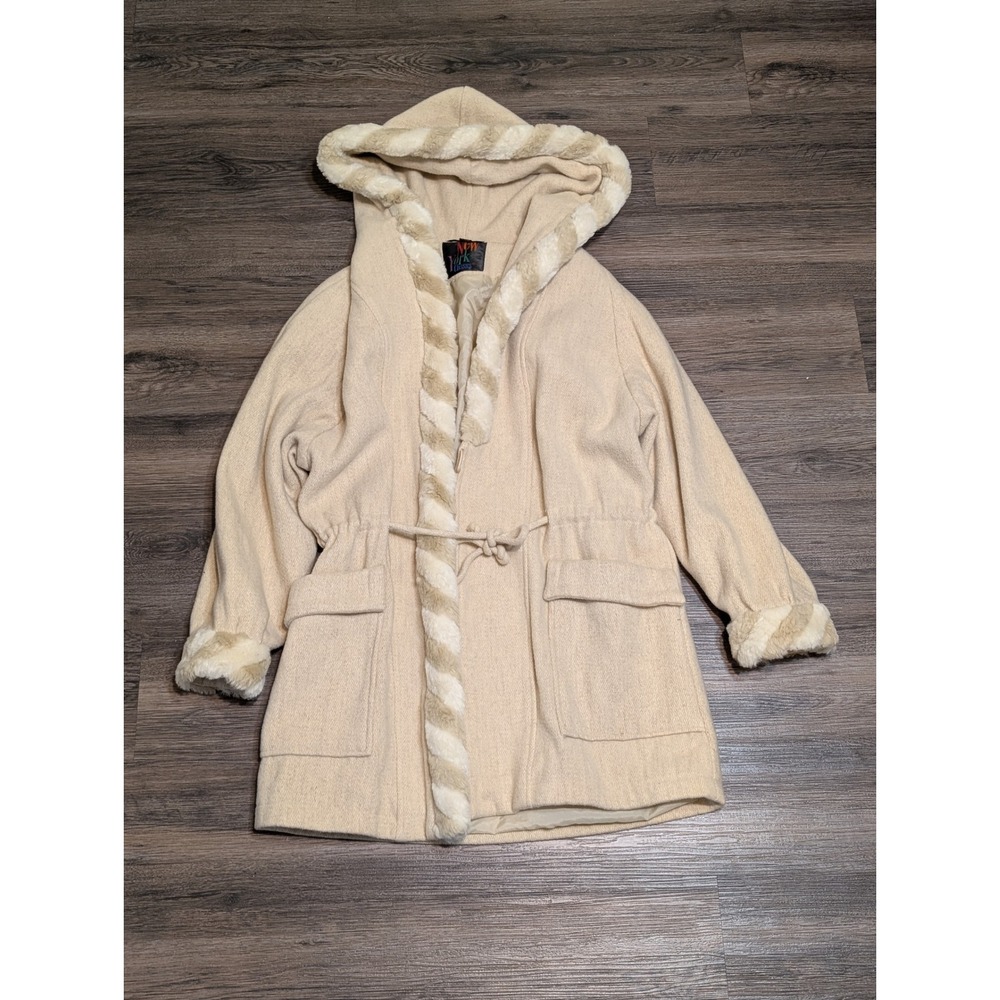 New York Classics Vintage‎ Cream Wool Blend Hooded Coat Faux Fur Trim Size 9/10